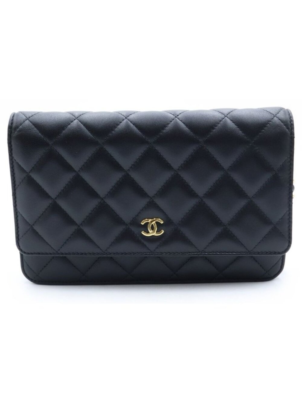 Chanel Quilted Lambskin Leather Chain Wallet Shoulder Bag Gold Black Plate